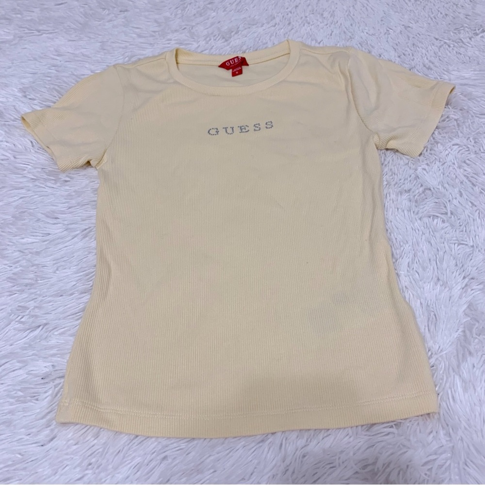 GUESS Women's light yellow ribbed baby T-Shirt short sleeve crew neck